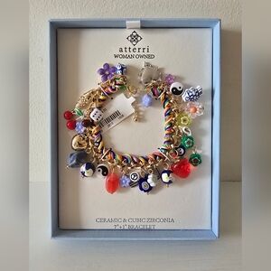Atterri Multicolor Charm Bracelet Ceramic & CZ Rainbow Boho Statement 7+1 NWT